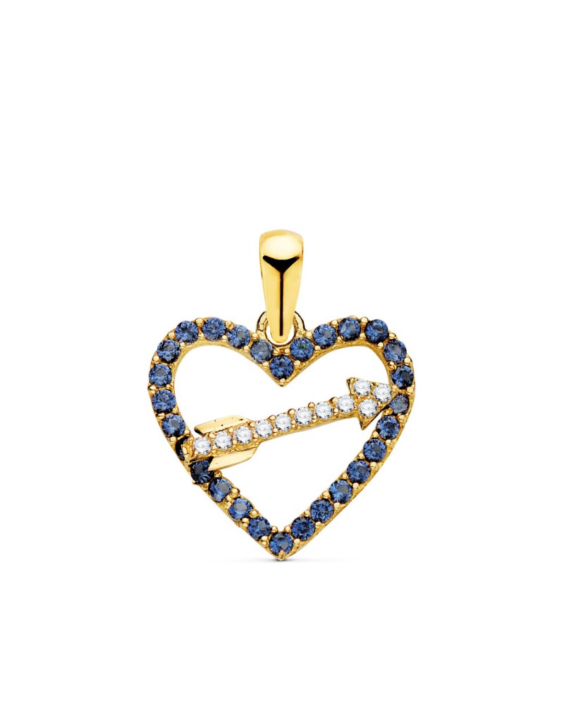 Colgante oro 18k corazón circonita azul flecha 14mm