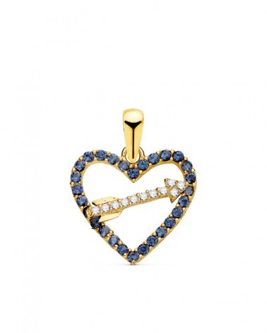 Colgante oro 18k corazón circonita azul flecha 14mm