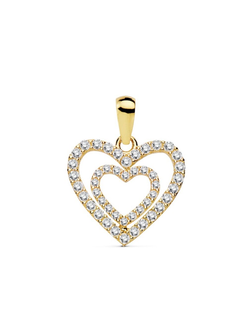 Colgante oro 18k corazón doble circonita 15x14 mm