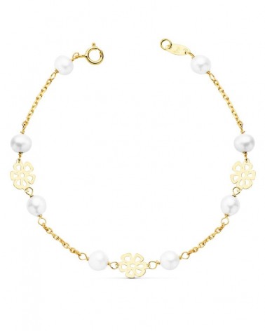 Pulsera oro 18k flores caladas comunión 17cm