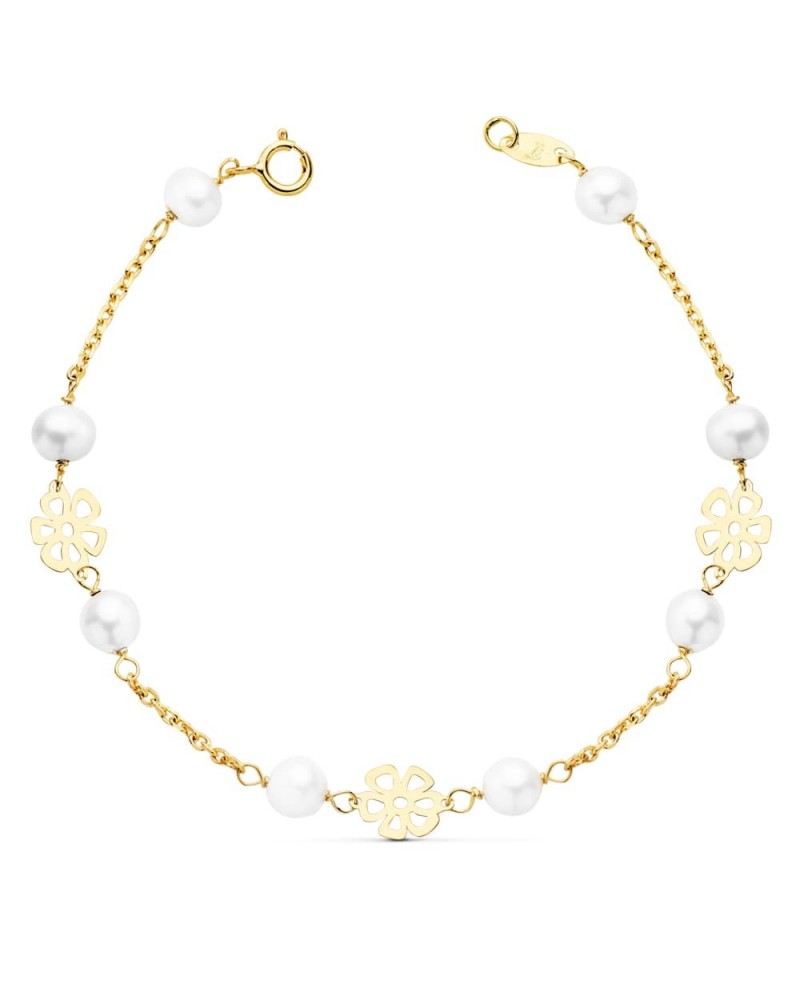 Pulsera oro 18k flores caladas comunión 17cm