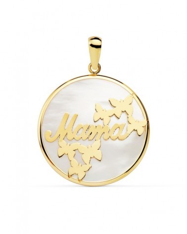 Colgante oro 18k Mamá nácar mariposas 20mm