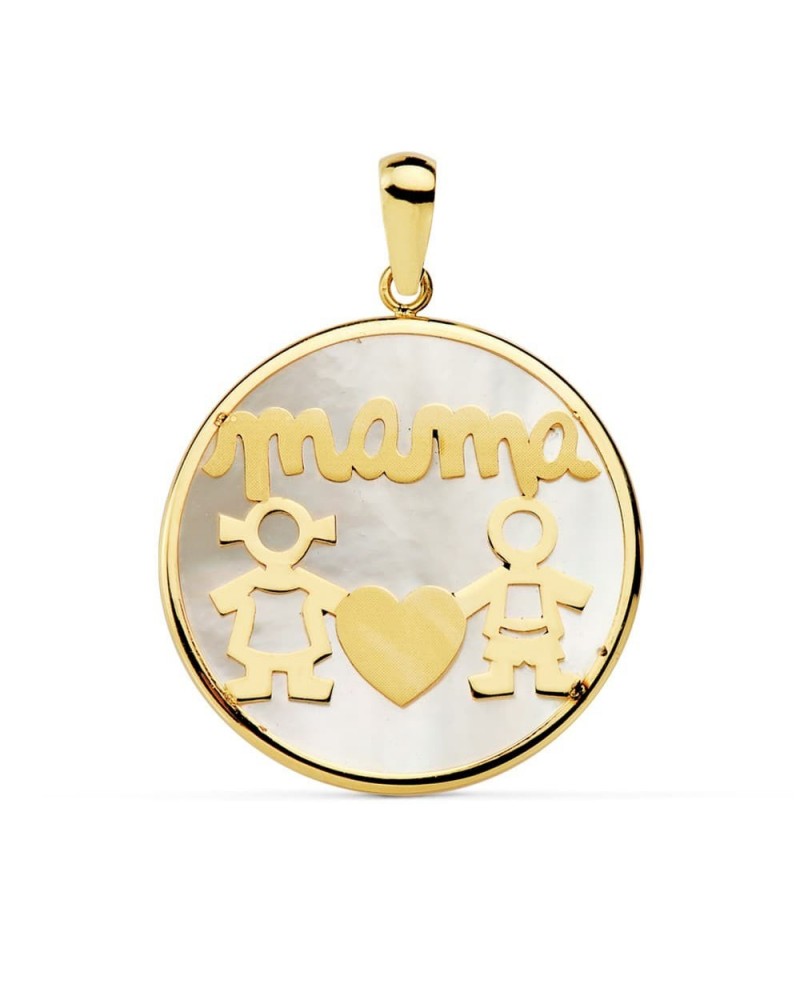 Colgante oro 18k mamá nácar niño niña 20 mm