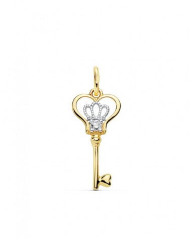 Colgante oro 18k bicolor llave corona circonita