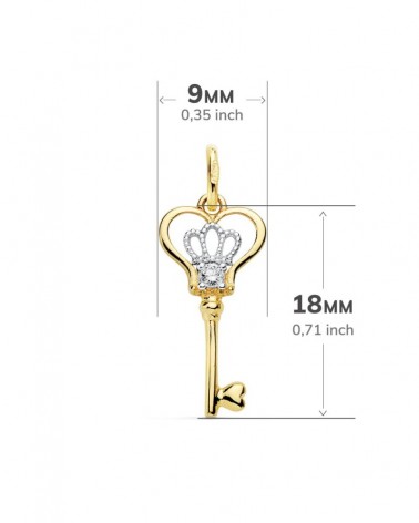 Colgante oro 18k bicolor llave corona circonita