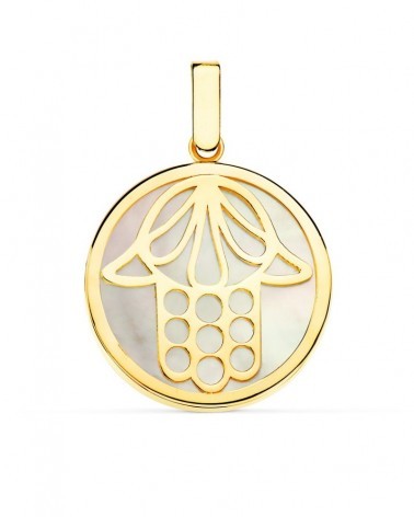 Colgante oro 18k Mano de Fátima nácar 20 mm