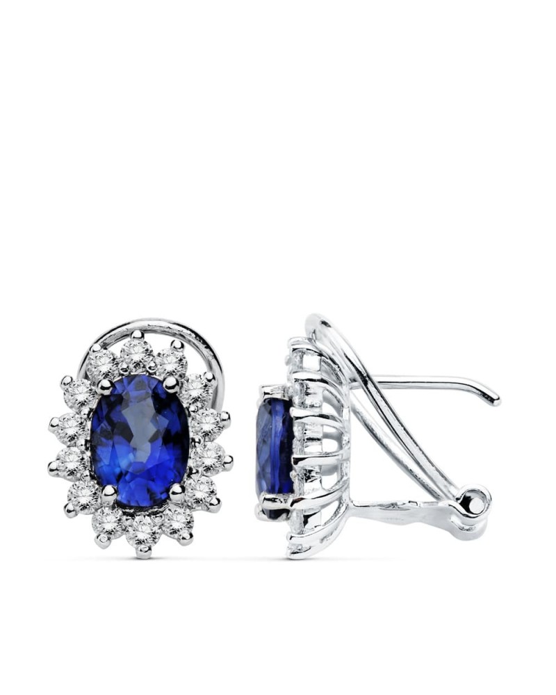 Pendientes oro blanco 18k zafiro diamantes omega 7x5mm
