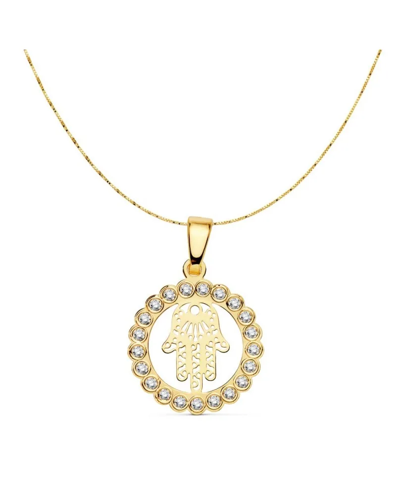 Colgante oro 18k Mano de Fátima circonita 15 mm
