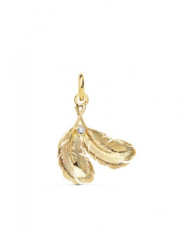 Colgante oro 18k dos plumas circonita 17x15mm