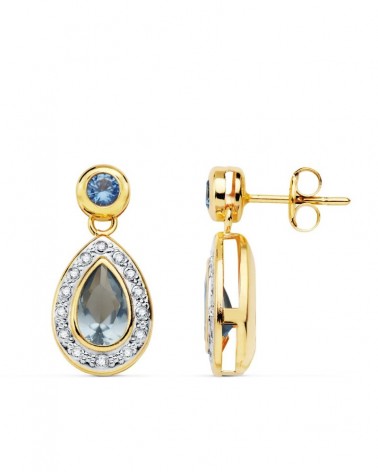 Pendientes oro 18k bicolor aguamarina circonita 19x9 mm