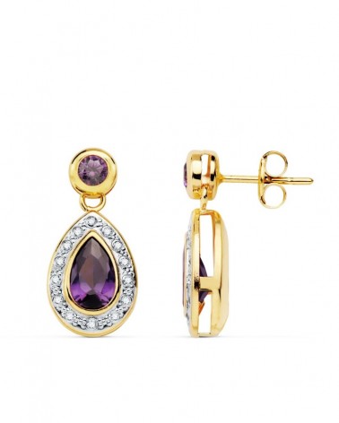 Pendientes oro 18k bicolor amatista circonita 19x9mm