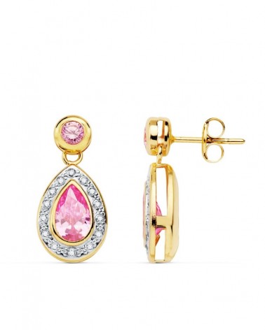 Pendientes oro 18k bicolor piedras rosas 19x9 mm