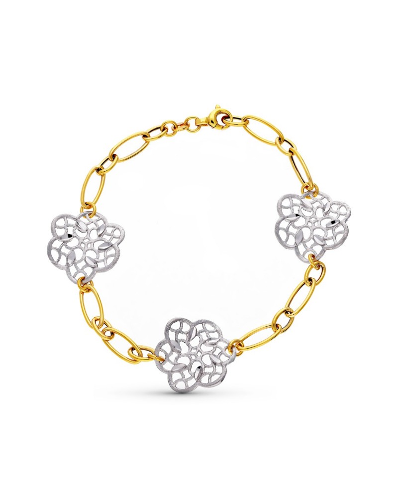 Pulsera oro 18k bicolor flores caladas peso 7,2g