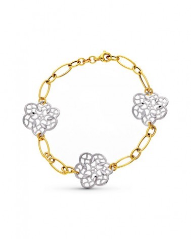 Pulsera oro 18k bicolor flores caladas peso 7,2g