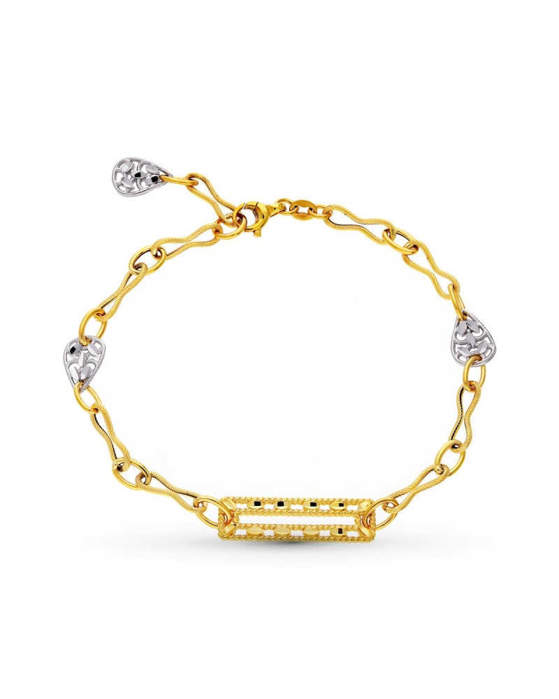 Pulsera oro 18k bicolor motivos decorativos y hojas