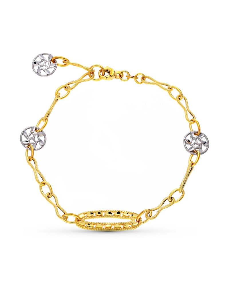 Pulsera oro 18k bicolor motivos circulares calados