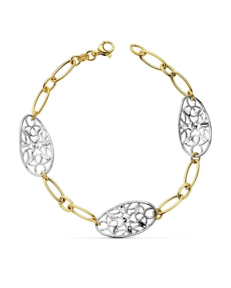 Pulsera oro 18k bicolor eslabones calados 19cm