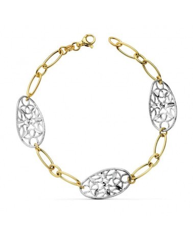Pulsera oro 18k bicolor eslabones calados 19cm