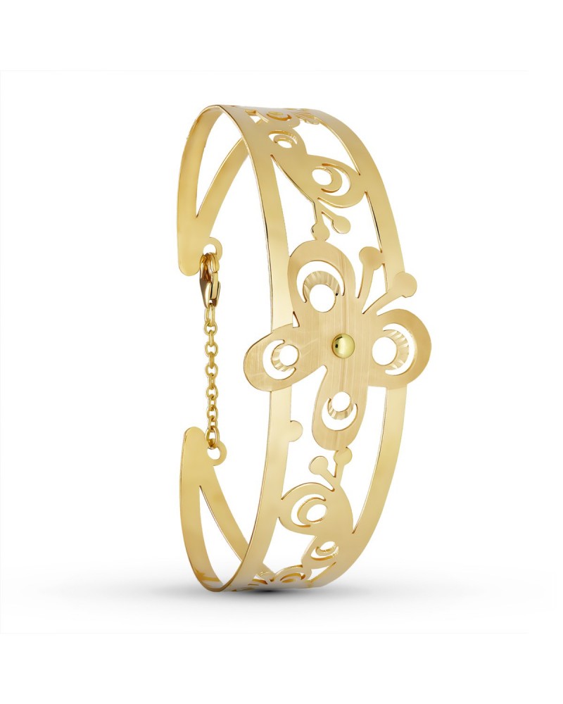 Pulsera rígida oro 18k amarillo mariposa láser 19mm