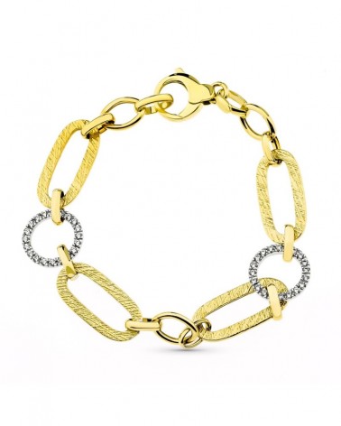 Pulsera oro 18k bicolor eslabones texturizados circonitas