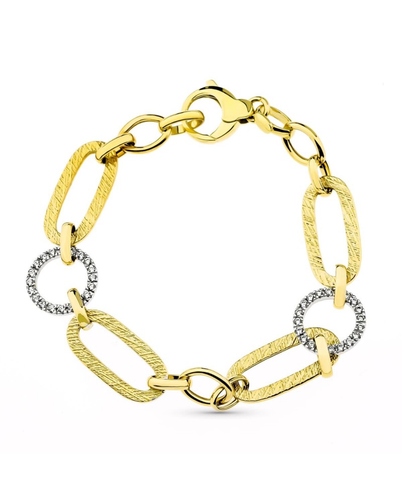 Pulsera oro 18k bicolor eslabones texturizados circonitas