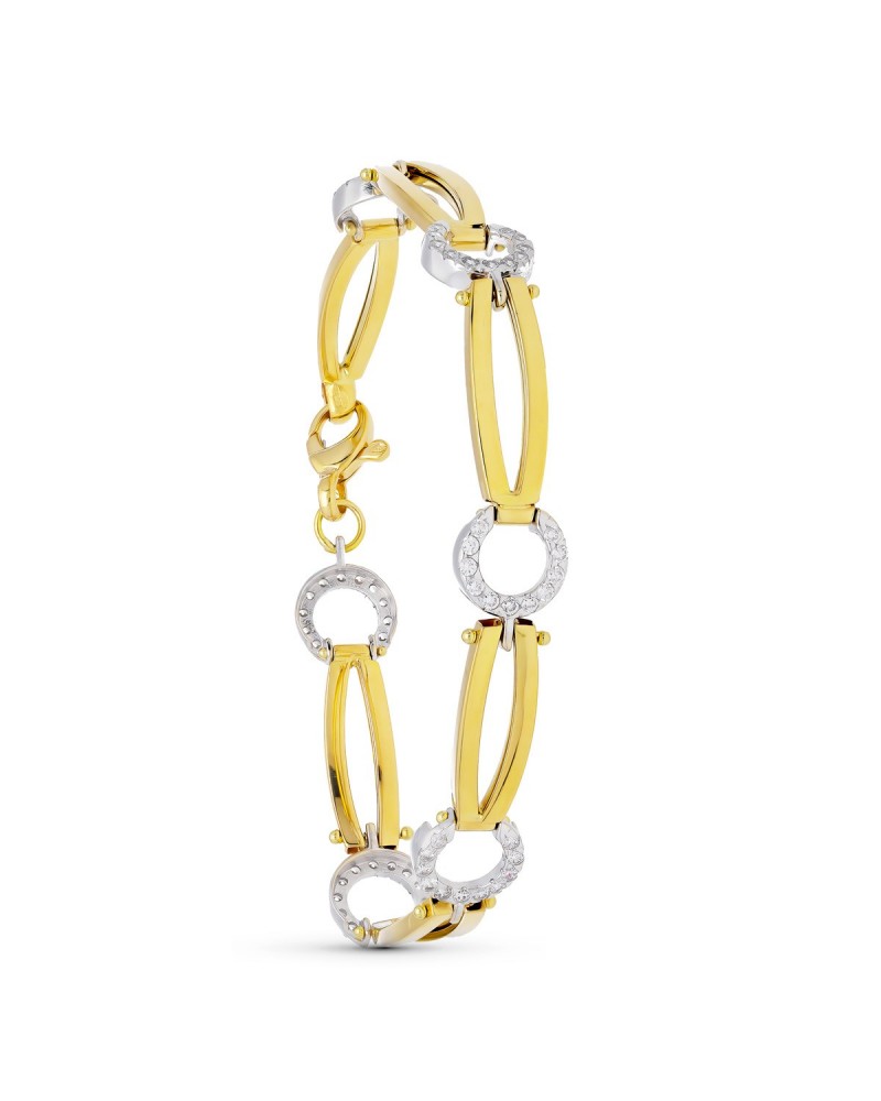 Pulsera oro 18k bicolor eslabones circonitas