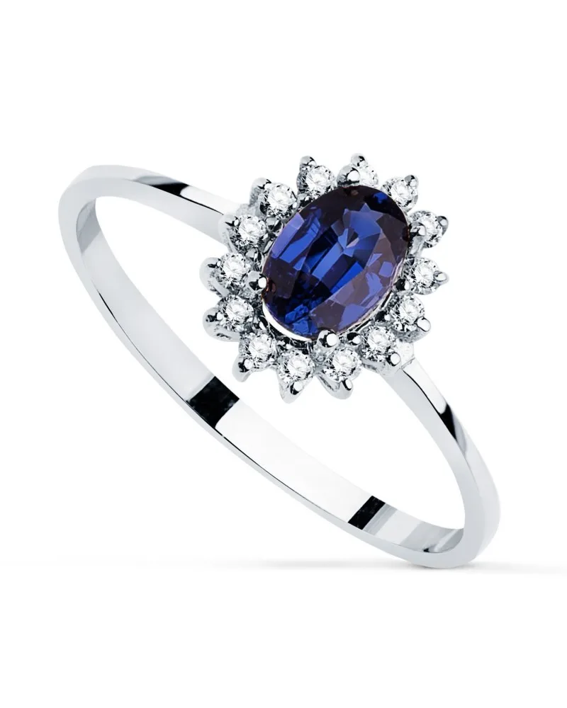 Sortija oro blanco 18k zafiro tratado y diamantes de laboratorio