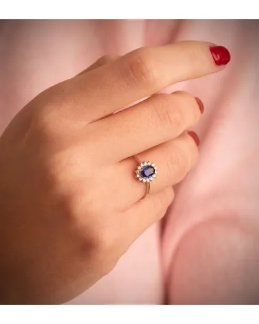 Sortija oro blanco 18k zafiro tratado y diamantes de laboratorio