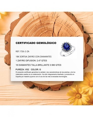 Sortija oro blanco 18k zafiro difusión diamantes laboratorio