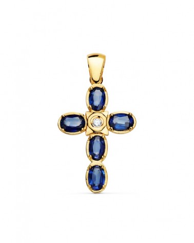 Cruz oro 18k amarillo diamante laboratorio zafiros