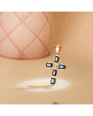 Cruz oro 18k amarillo diamante laboratorio zafiros