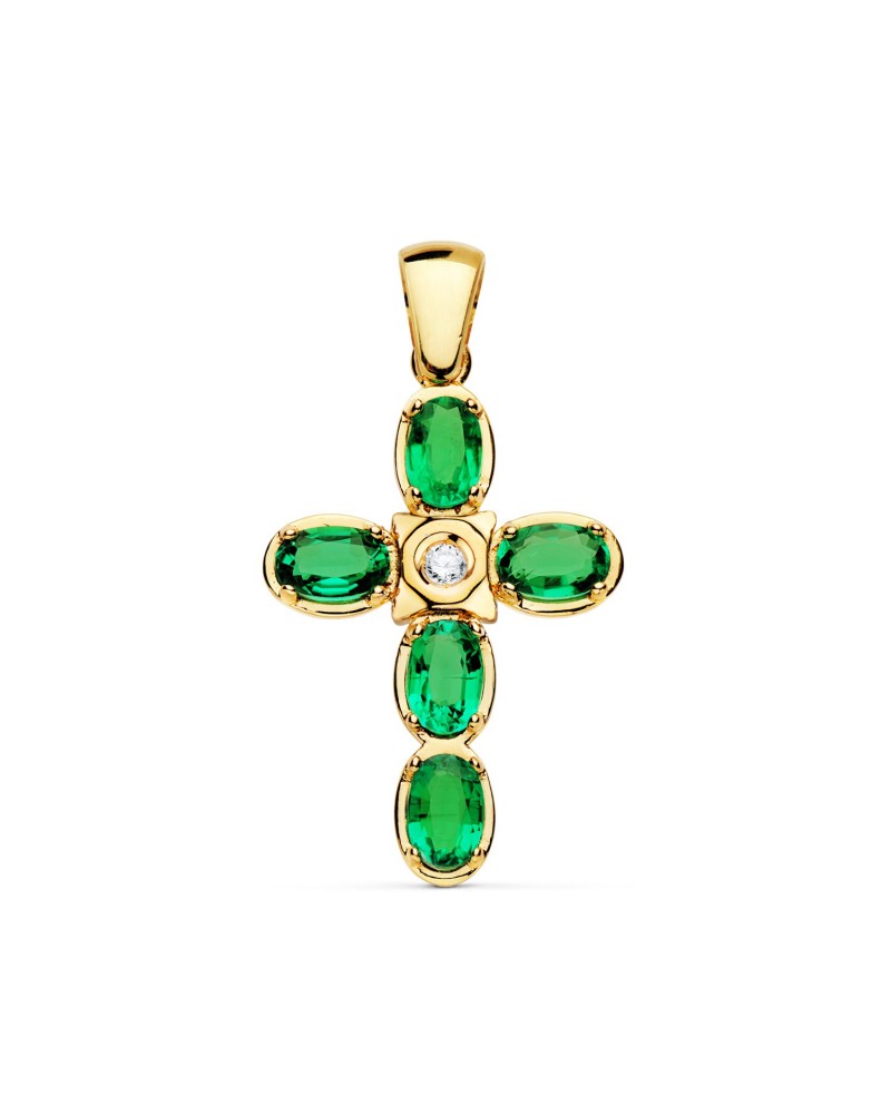 Cruz oro 18k diamante laboratorio esmeraldas 30x21mm