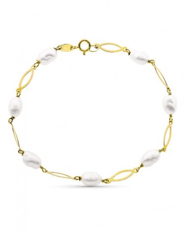 Pulsera oro 18k perlas eslabones ovalados 16,5 cm