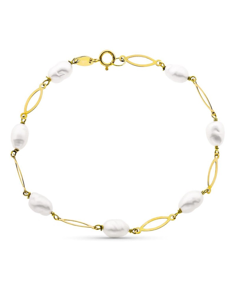 Pulsera oro 18k perlas eslabones ovalados 16,5 cm