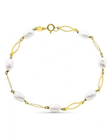 Pulsera oro 18k perlas eslabones ovalados 16,5 cm
