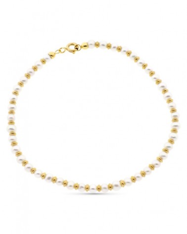Pulsera oro 18k perlas y anillas brillo 19 cm