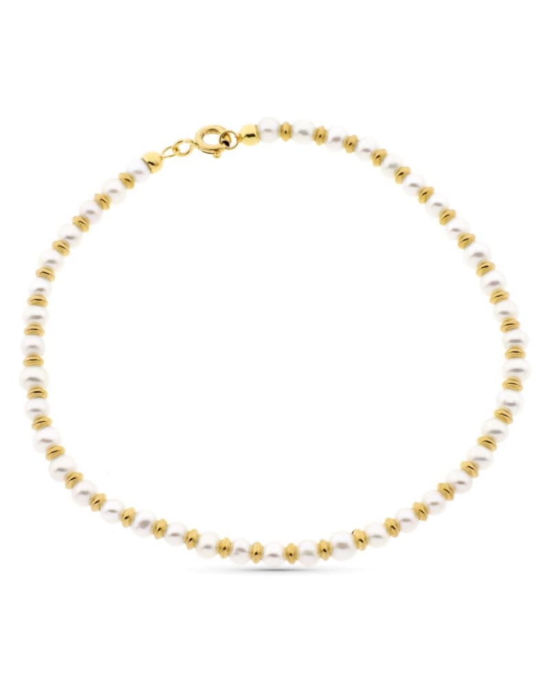 Pulsera oro 18k perlas y anillas brillo 19 cm