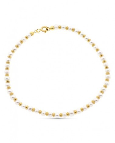 Pulsera oro 18k perlas y anillas brillo 19 cm