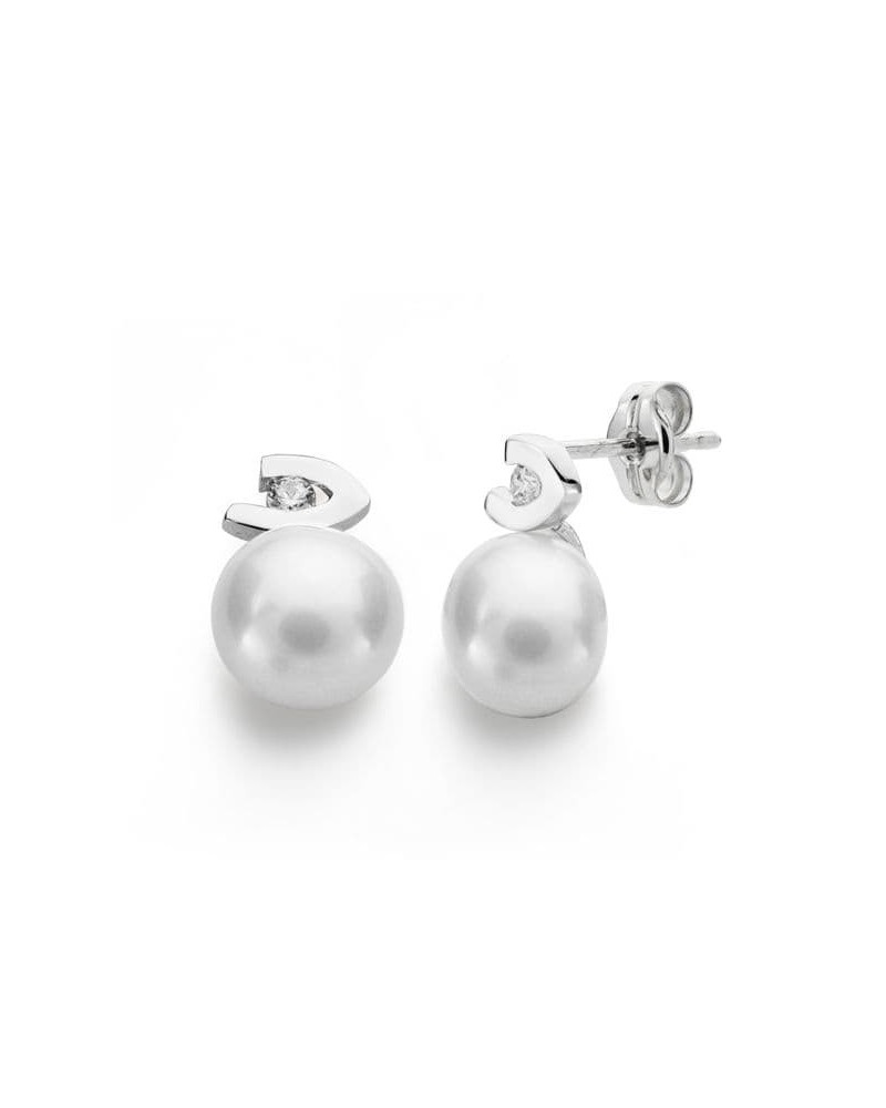 Pendientes oro blanco 18k perla circonita cierre presión
