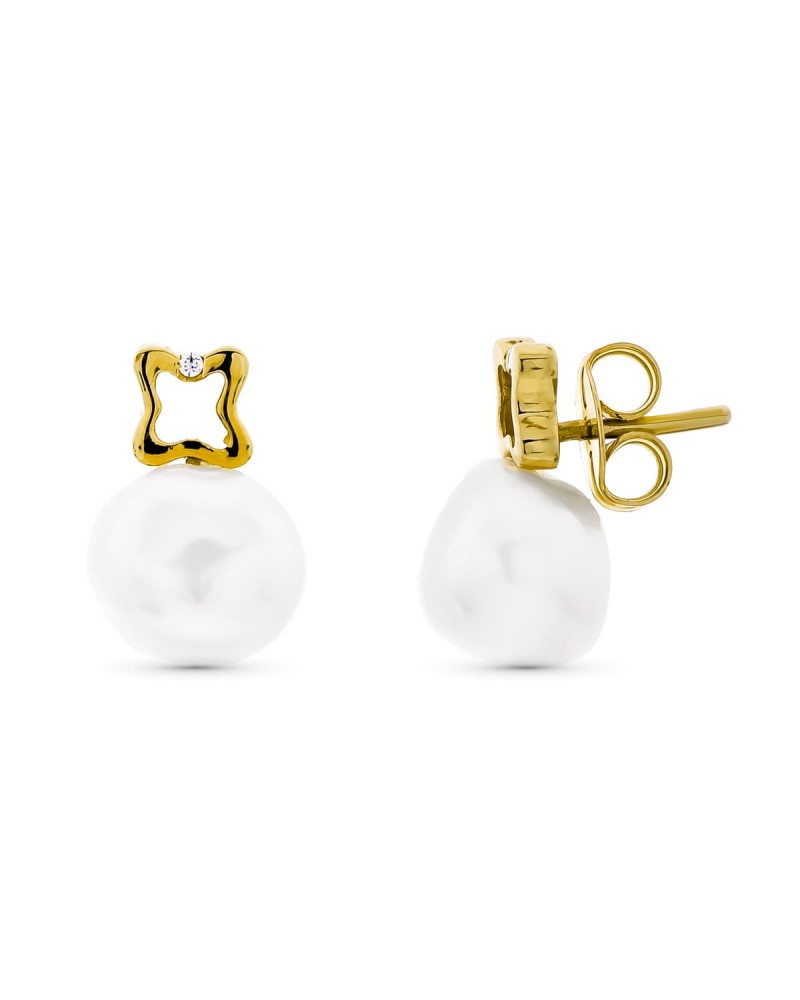Pendientes oro 18k trébol perla cierre presión