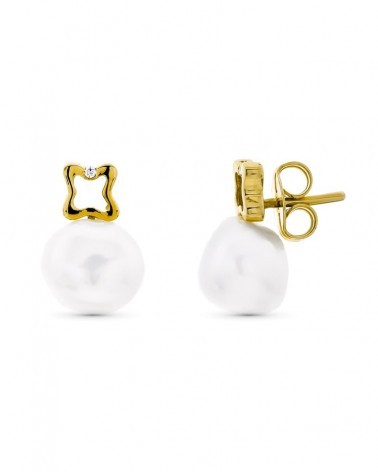 Pendientes oro 18k trébol perla cierre presión