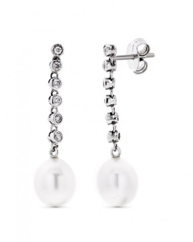 Pendientes oro blanco 18k largos perla circonita