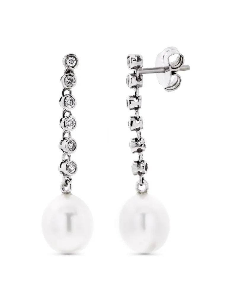 Pendientes oro blanco 18k largos perla circonita