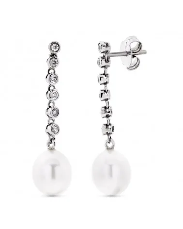 Pendientes oro blanco 18k largos perla circonita