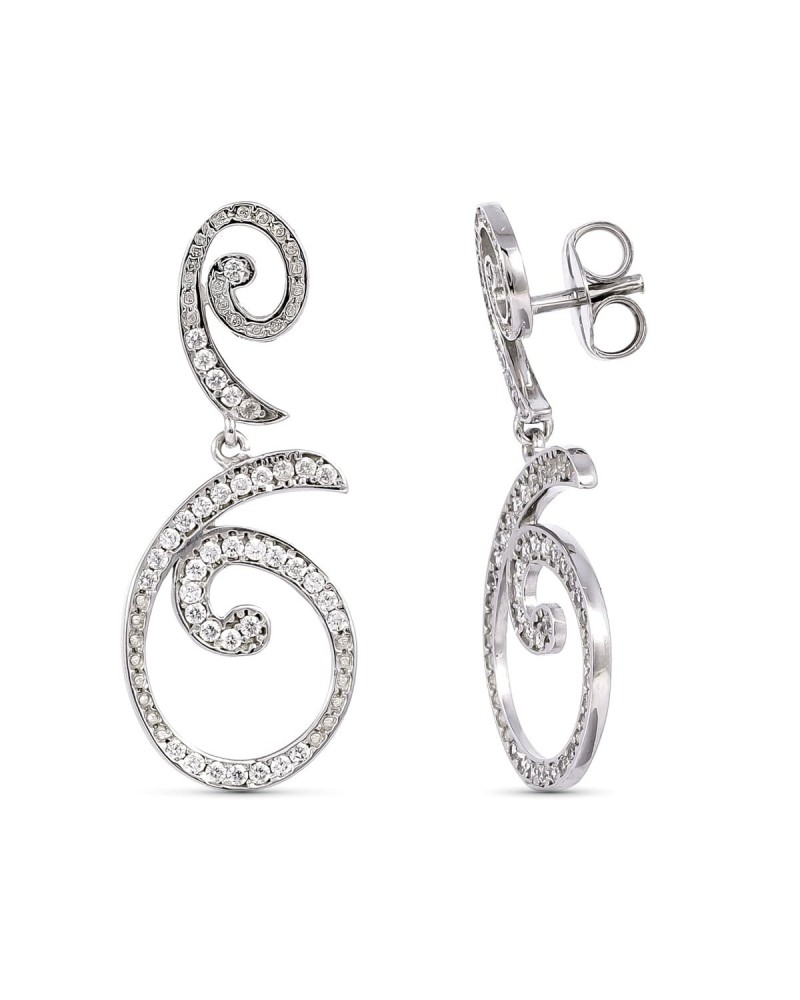 Pendientes oro blanco 18k espirales circonitas 35x14mm