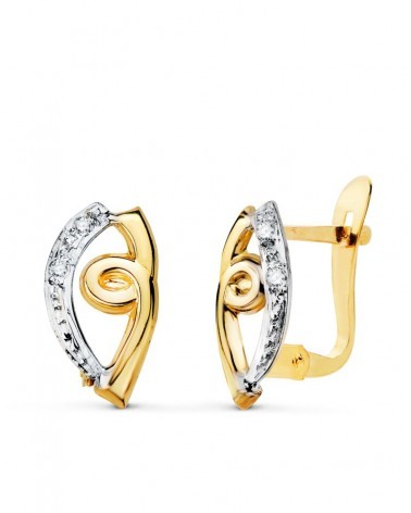 Pendientes oro 18k bicolor circonita cierre catalán