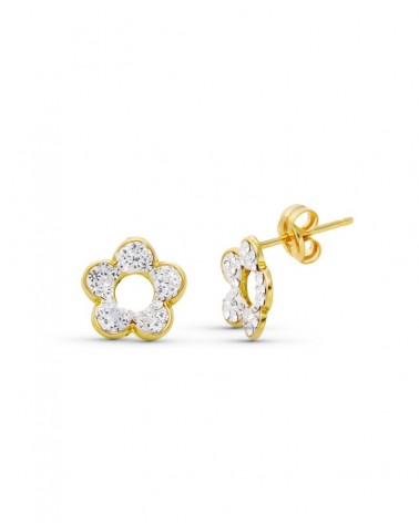 Pendientes oro 18k bicolor flor circonita 8x8mm