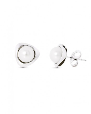 Pendientes oro blanco 18k perla triángulo 9x9 mm