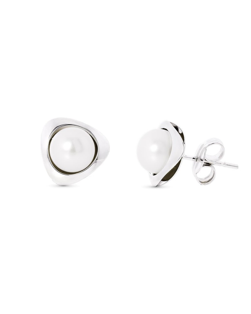 Pendientes oro blanco 18k perla triángulo 9x9 mm