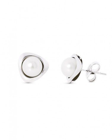 Pendientes oro blanco 18k perla triángulo 9x9 mm